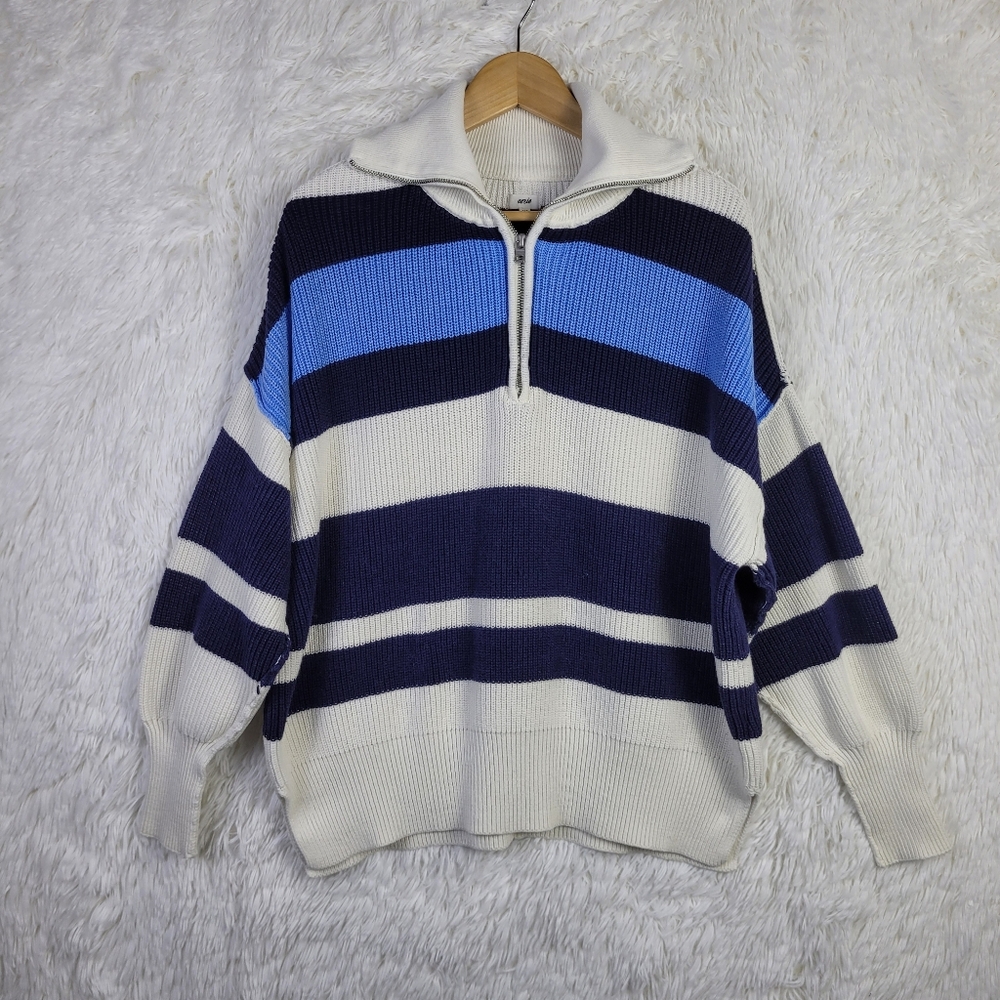 Sm Aerie Beyond Striped Colorblock 1/2 Zip Oversized Sweater Preppy Chunky Boho